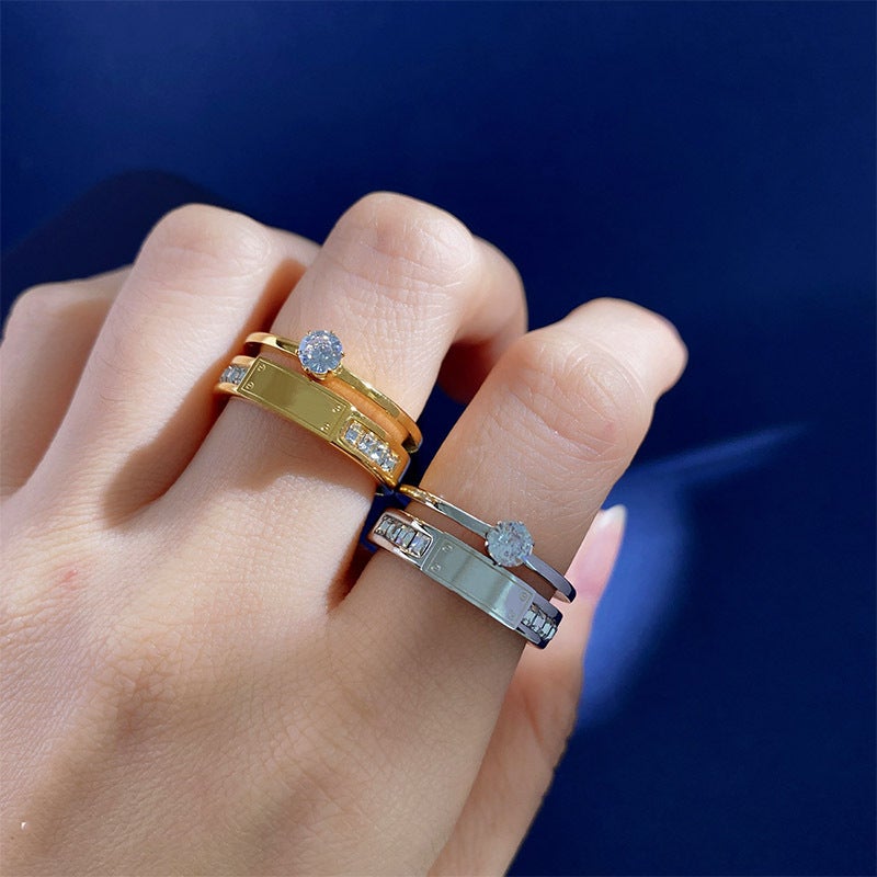 Net Red Titanium Steel Non-Fading Rectangular Letter Brand Six-Claw Diamond Ring Personality Ins Cold Wind Stainless Steel Ring - Image 3